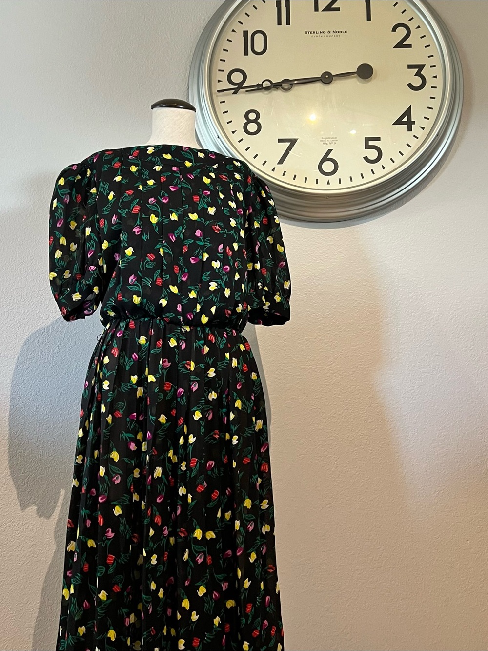 Vintage Black Midi Dress with Multicolor Floral Print
